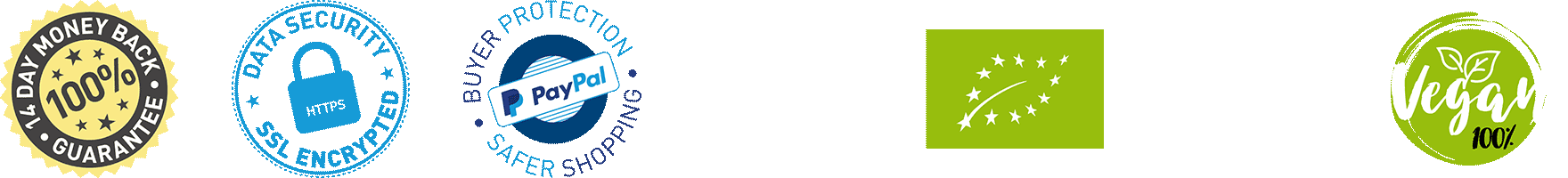 European organic certificate, Japanese organic certificate, 100% Vegan certificate, Gluten Free, Paypal buyer protection, 14 day money back guarantee, Secure data protection